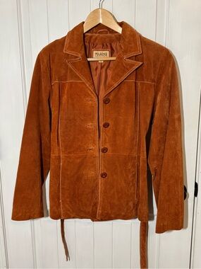 Wilsons Leather Women’s Suede Button-Front Tie Waist Jacket in Burnt Orange